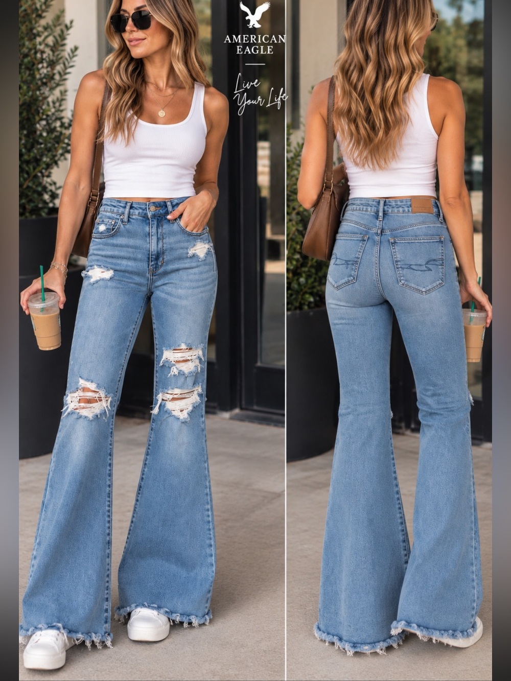 American Eagle Outfitters Light Blue High-Rise Distressed Flare Jeans